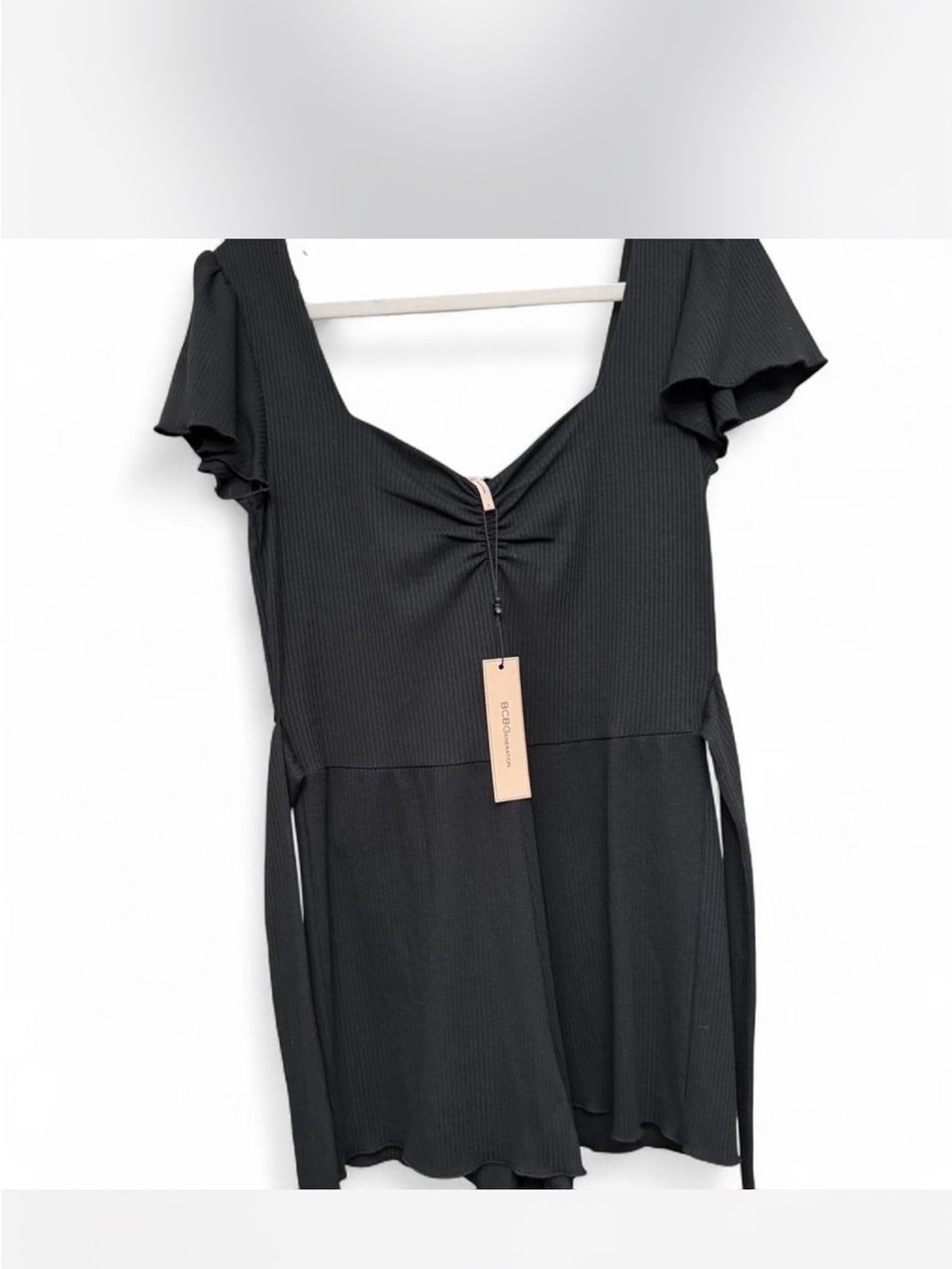 BCBG Black Short Sleeve Ribbed romper with tie